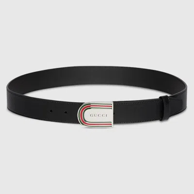 Gucci Belt With Enameled Web Detail Buckle In Black