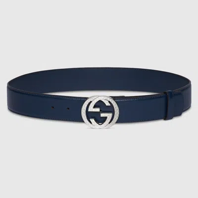 Gucci Belt With Interlocking G Engraved Buckle In Blue