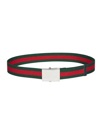 Gucci Belt With Web Ribbon And Rectangular Buckle In Verde