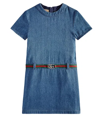 Gucci Kids' Belted Denim Dress In Blue