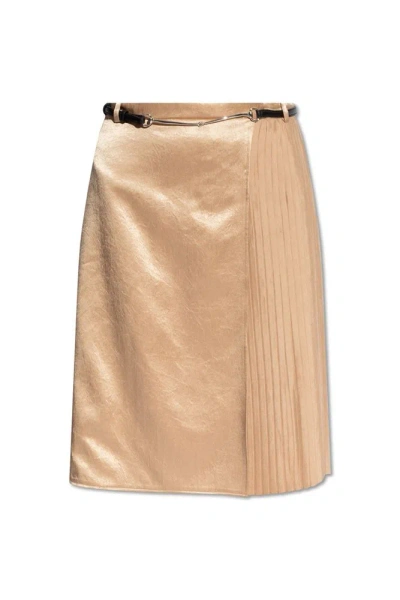Gucci Belted Pleat Detailed Satin Skirt In Beige