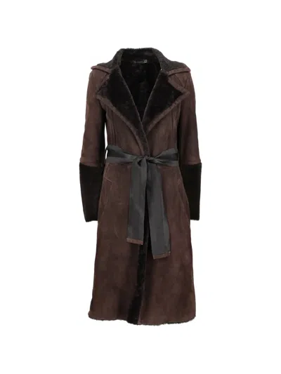 Pre-owned Gucci Belted Shearling Coat In Brown