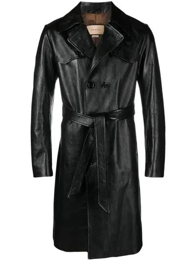 Gucci Double-breasted Leather Trench Coat In Black