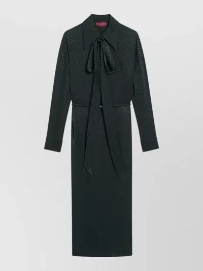 Gucci Belted Waist Dress Tie Neck Midi In Green
