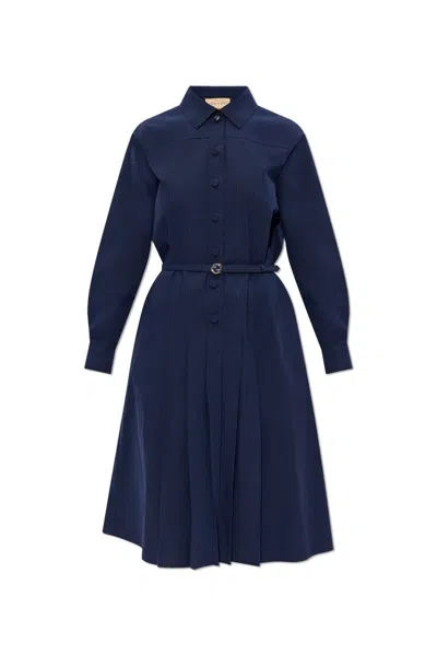 Gucci Belted Waist Pleated Shirt Dress In Blue