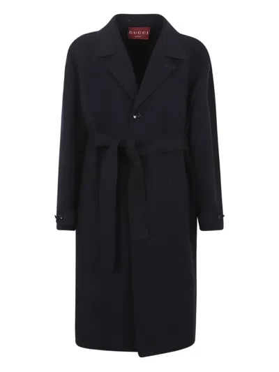 Gucci Wool Blend Coat Belted Waist Long In Black