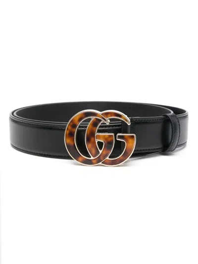Gucci Black Belt With Double Gg Buckle With Crystals Women