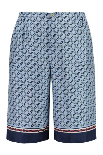 Gucci Geometric Square G Print Silk Shorts In Blue