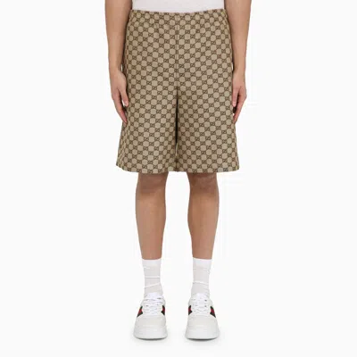 Gucci Bermuda Shorts In Beige/ebony Gg Fabric In Linen Blend In Brown