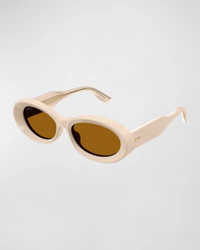 Gucci Beveled Acetate Oval Sunglasses In Beige