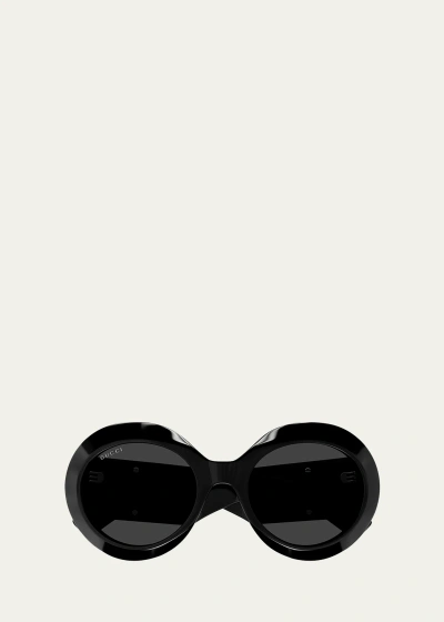Gucci Beveled Acetate Round Sunglasses In Shiny Solid Black