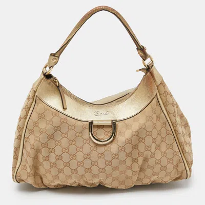 Pre-owned Gucci Biege/gold Gg Canvas And Leather Large D Ring Hobo In Beige