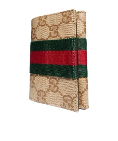 Gucci Bi-fold Card Case With Web In Brown