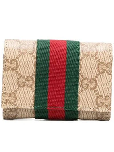 Gucci Bi-fold Card Holder With Web In Brown