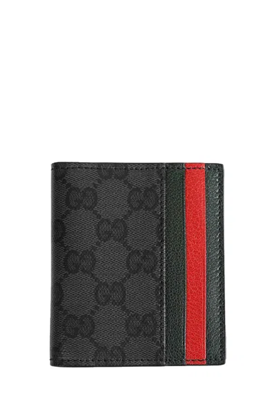 Gucci Gg Supreme Fabric Bifold Wallet With Web Detail And Leather Interior In Gray