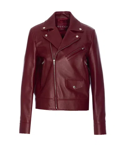 Gucci Leather Biker Jacket Puffer Jackets Brown In Red