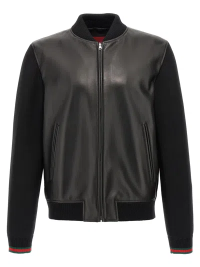 Gucci Bimaterial Nappa And Knit Bomber Jacket In Black