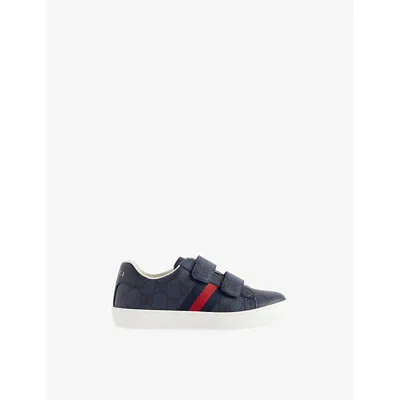 Gucci Bl-dk Bl/b.r.b/blu Kids 'ace Coated-canvas Trainers Eur 28 / 10 Uk In Multi