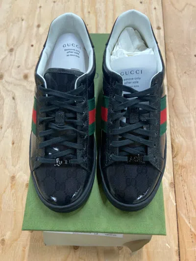 Pre-owned Gucci Black Ace Gg Crystal Canvas Sneaker Retail $820 In Blue