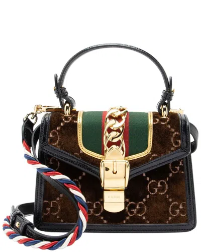 Gucci Black & Brown Gg Velvet & Leather Sylvie Mini Top Handle (authentic Pre-  Loved) In Multi