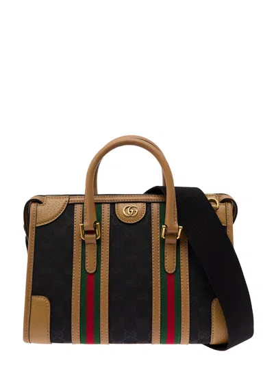 Gucci Black And Brown Handbag With Web And Gg Motif In Canvas And Leather Woman In Multicolor