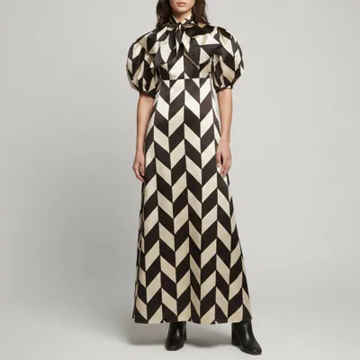 Pre-owned Gucci Black And Cream Chevron Pattern Puff Sleeve Maxi Dress S In White