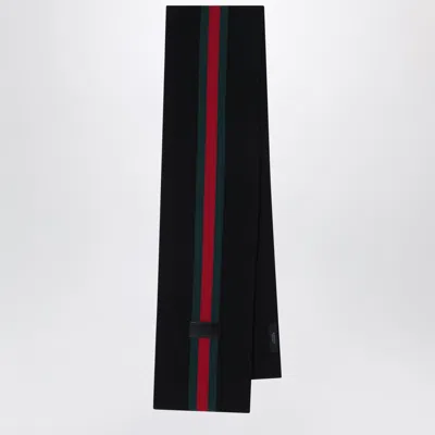 Gucci Black And Green Striped Jacquard Wool Scarf With Web Ribbon Detail