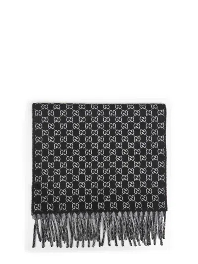 Gucci Black And Light Grey Gg Wool And Cashmere Scarf In Metallic