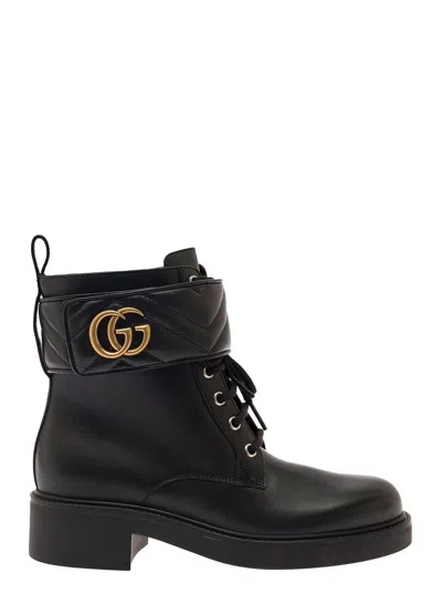 GUCCI GUCCI BLACK ANKLE BOOT WITH DOUBLE 'G' AND TEXTURED HARDWARE IN LEATHER WOMAN