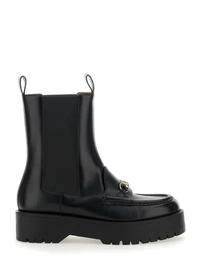 Gucci Black Ankle Boots With Horsebit And Lug Sole In Leather Woman