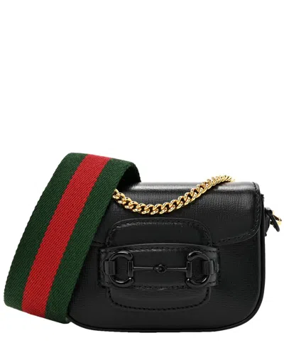 GUCCI GUCCI BLACK AZALEA CALFSKIN LEATHER WEB MONOCHROME HORSEBIT 1955 WALLET ON  STRAP (AUTHENTIC PRE-LOV