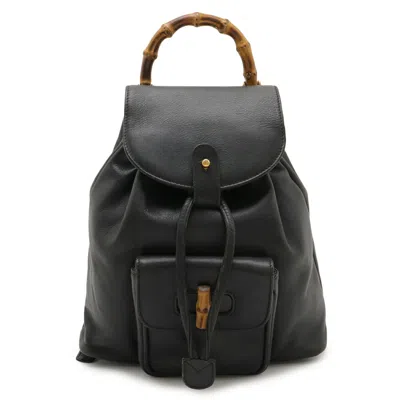 Pre-owned Gucci Black Bamboo Leather Backpack Shoulder Bag ()