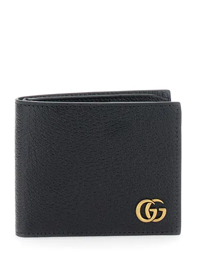Gucci Black Bi-fold Wallet With Gg Marmont Logo In Hammered Leather Man