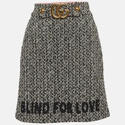 Pre-owned Gucci Black 'blind For Love' Embroidered Tweed Buckle Detail Mini Skirt M