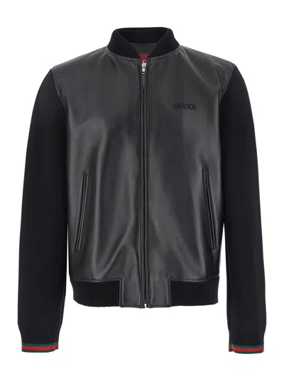 GUCCI GUCCI MEN BLACK BOMBER JACKET WITH FRONT LOGO IN NAPPA LEATHER AND MESH MAN