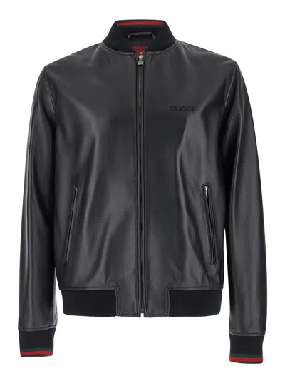 Gucci Black Bomber Jacket With Logo Lettering On The Front In Leather Man