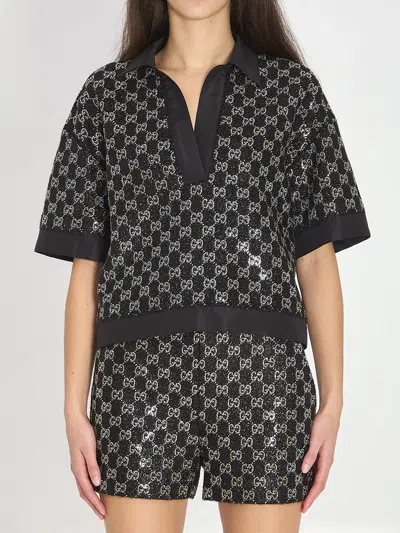 Gucci Black Boucle Polo Shirt In Multi
