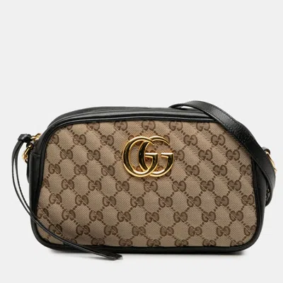 Pre-owned Gucci Black Brown Small Gg Marmont Matelasse Gg Canvas And Leather Crossbody