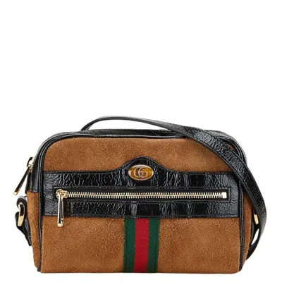 Pre-owned Gucci Black Brown Suede Leather Shoulder Bag ()