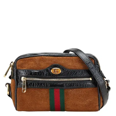 Pre-owned Gucci Black Brown Suede Leather Shoulder Bag ()