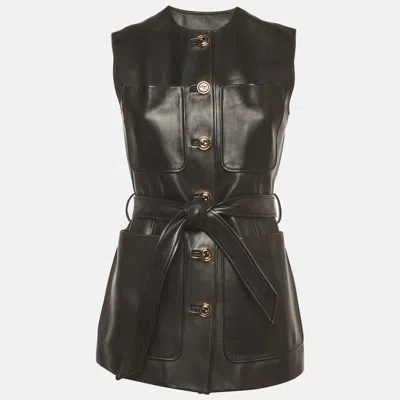 Pre-owned Gucci Black Button Embellished Leather Long Belted Vest S