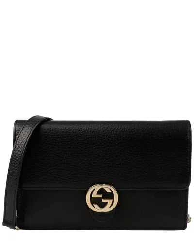 Pre-owned Gucci Black Calfskin Interlocking G Mini Wallet On Chain (authentic Pre-loved)
