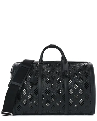 Gucci Black Calfskin Leather Cut Out Gg Embossed Medium Duffle Bag (authentic  )
