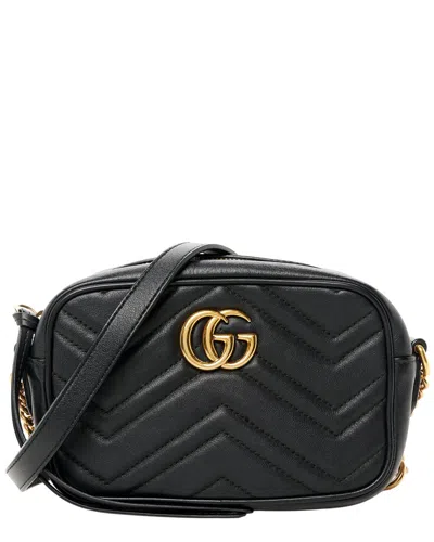 Gucci Black Calfskin Leather Matelasse Mini Gg Marmont Chain Shoulder Bag  (authentic Pre-loved)
