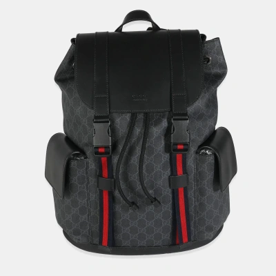 Pre-owned Gucci Black Calfskin Soft Gg Supreme Canvas Web Double Buckle Backpack