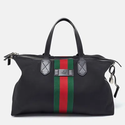 Pre-owned Gucci Black Canvas And Leather Web Duffel Bag