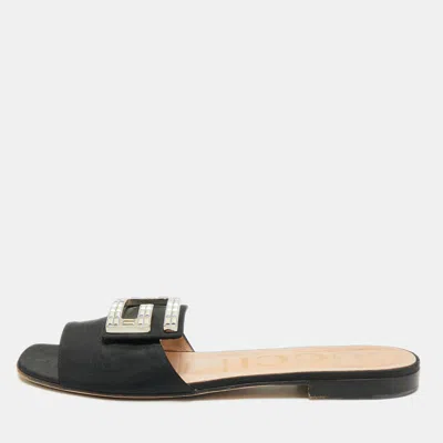 Pre-owned Gucci Black Canvas Crystal G Flat Sandals Size 39