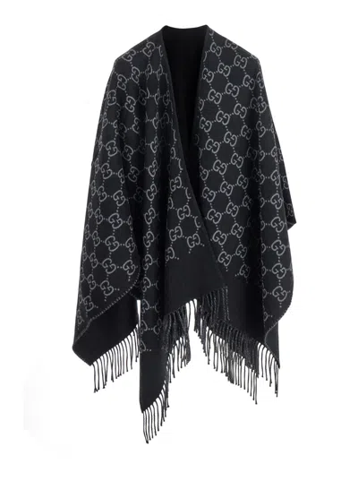 Gucci Black Cape With Fringed Hem In Gg Wool Jacquard Woman