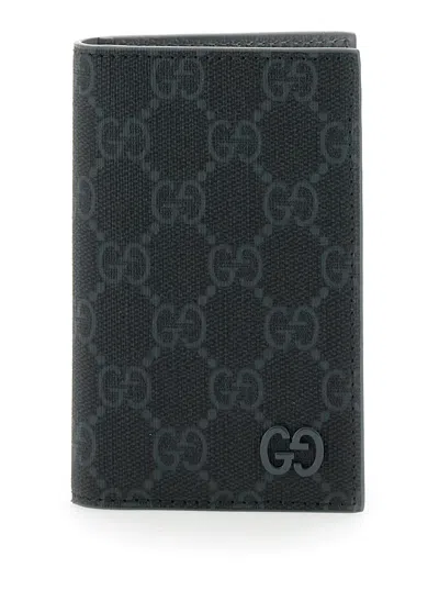 Gucci Black Card Holder With All-over Gg Motif And Logo On The Front In Fabric Man