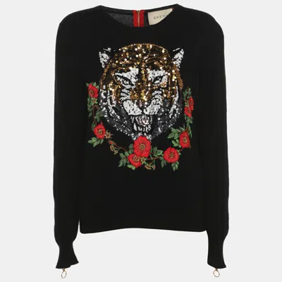 Pre-owned Gucci Black Cashmere Knit Tiger Embroidered Sweater L